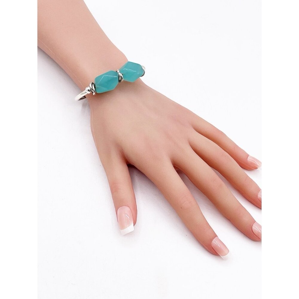 Artisan 925 Sterling Silver Bangle Bracelet Aqua Glass Stones Toggle Clasp 24.5g